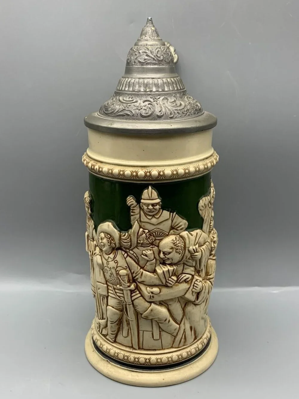 Vintage German Gestzlich Tavern Scene Stein with Pewter Hinged Lid